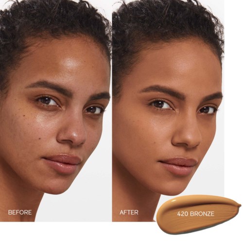 Vergleich zeigt Hautverbesserung, klareren, gleichmäßigeren Ton und Make-up-Korrektur nach Verwendung von 420 Bronze.