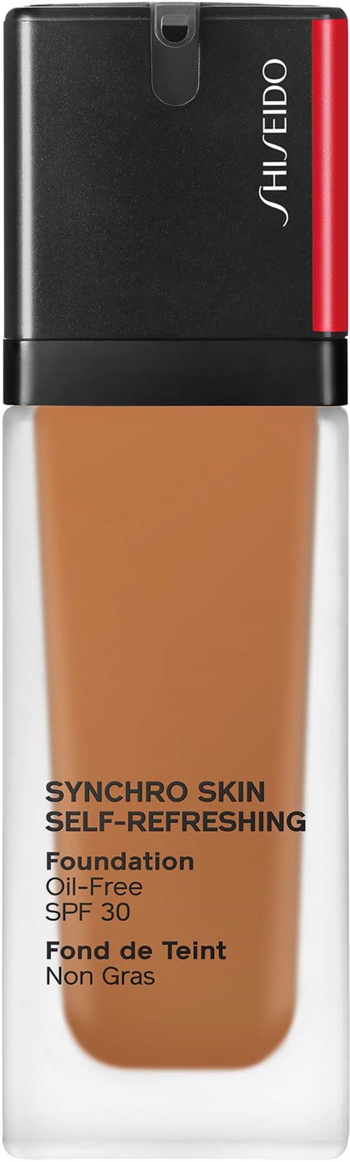 Eine Foundation-Flasche mit "Synchro Skin Self-Refreshing" Beschriftung, SPF 30, ölfrei, in klarem und schwarzem Behälter.
