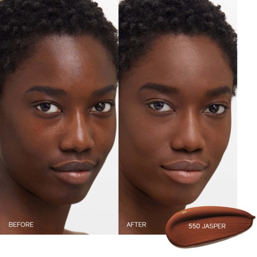 A woman's face shows before and after skin treatment, with smoother, brighter skin after using a product called 550 Jasper.