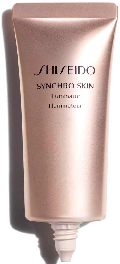 En rosa skinnende tube av Shiseido Synchron Skin Illuminator med hvit hett.