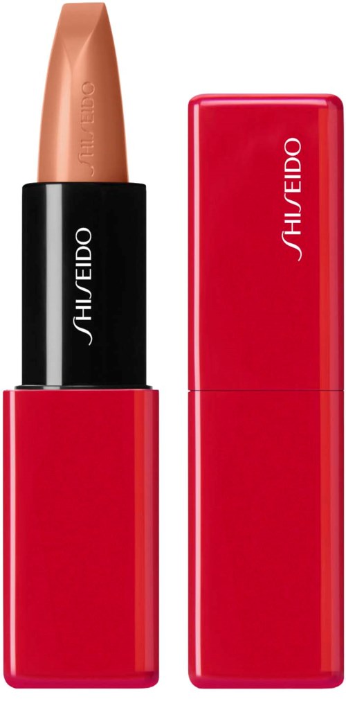 Huul lipstick, jossa punainen kotelo ja beige väri sisällä, seisoo pystyasennossa rinnakkain vastaavan punaisen korkin kanssa.
