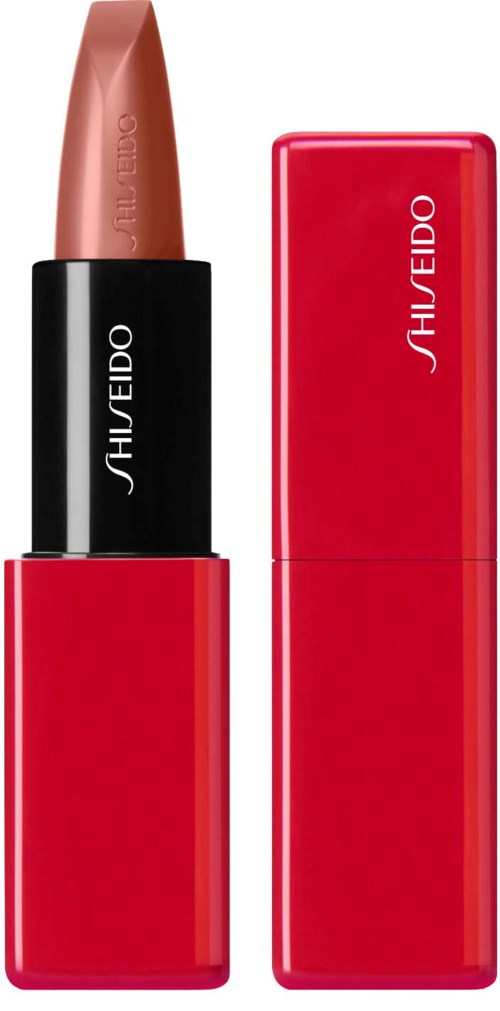 A lipstick with red case and black band, showing a light pink shade. The case is upright, and the lipstick is partly extended.