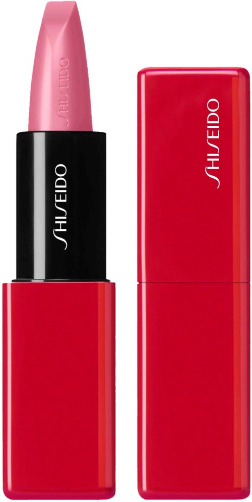 A pink lipstick in a black-and-red container with the brand name Shiseido. The lipstick is partially extended.