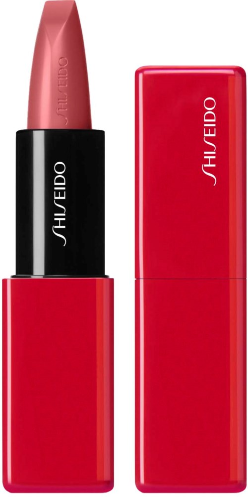 En röd läppstift med svart band och vit varumärkesnamn, Shiseido, bredvid sin matchande rektangulära dosa.