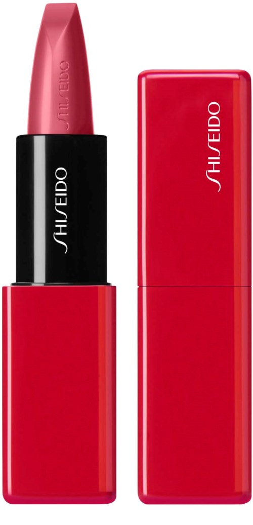 Röd läppstift i ett svart och röd tub med märket Shiseido på.