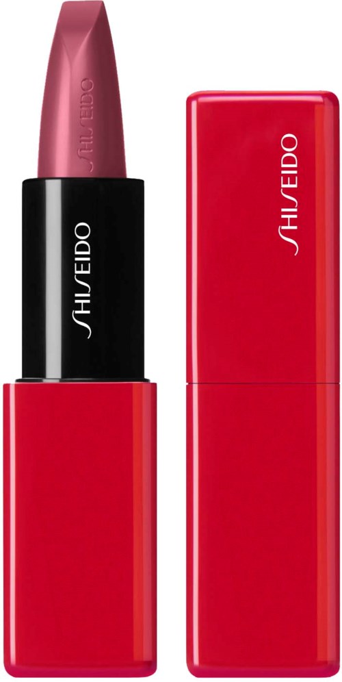 Ett läppstift i svart och rosa skal med en röd förpackning, båda märkta Shiseido.