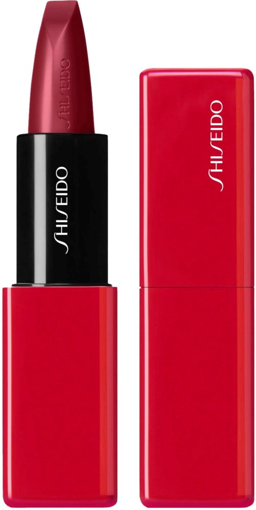 Ett rött läppstift i ett svart och rött fodral med varumärket Shiseido tryckt på det.
