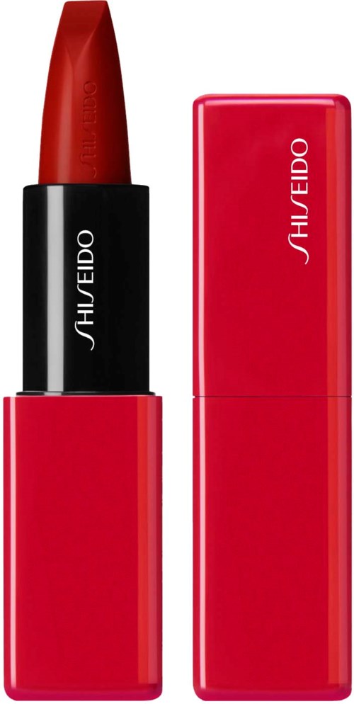 Rött läppstift i ett stilrent svart och rött skal, med Shiseido-märket synligt på förpackningen.