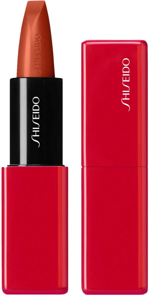 En läppstift med svart och röd förpackning, locket är av, visar läppstiftet. Märket Shiseido finns på båda.