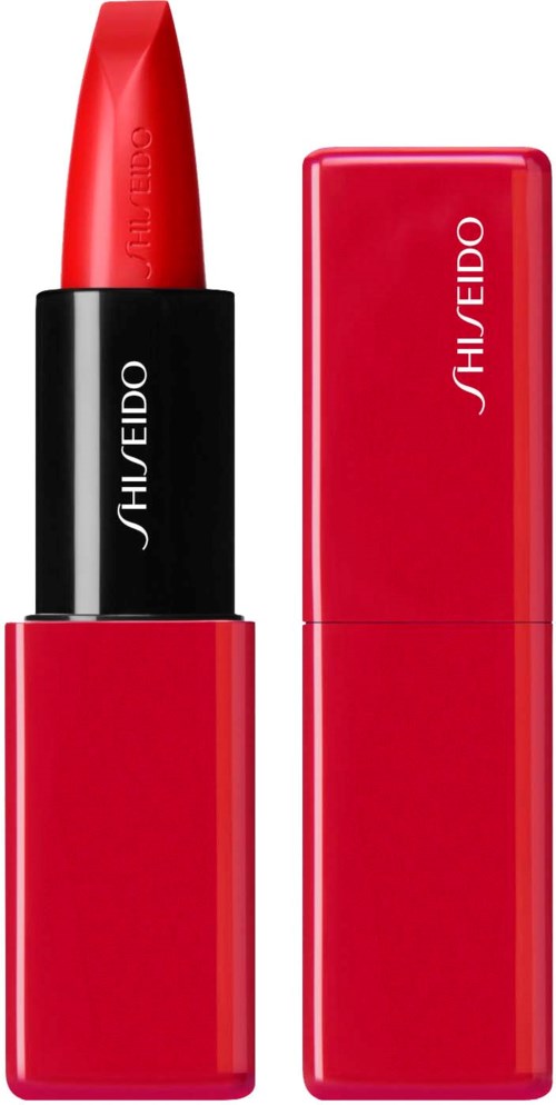 Röd läppstift med svart band och Shiseido-logga, bredvid sitt matchande röda fodral.