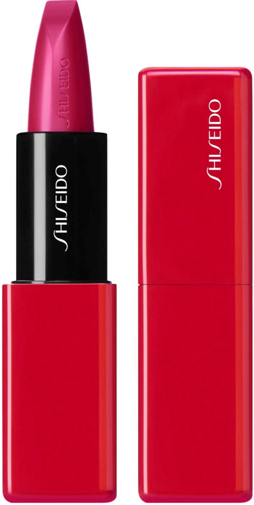 Röd läppstift i ett svart och rött fodral, med märket Shiseido på båda.