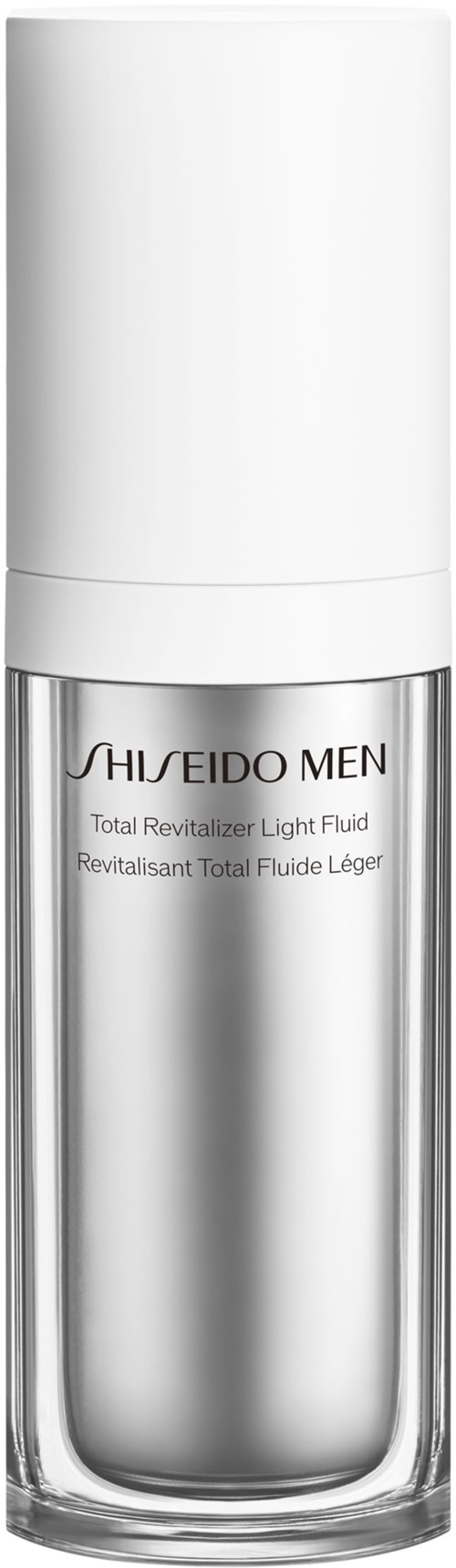 En hvit flaske med gjennomsiktig glass, merket Shiseido Men Total Revitalizer Light Fluid.