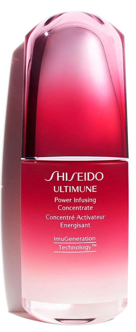 En rosa och röd flaska med Shiseido Ultimine hudvårdsprodukt och ett glänsande lock.