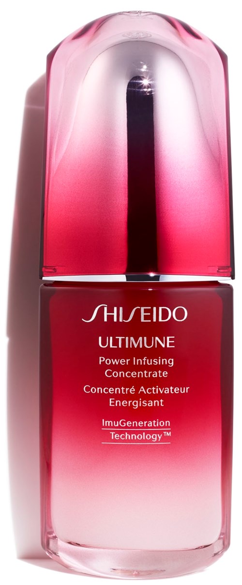 Punainen ja vaaleanpunainen ihonhoitopullo, kiiltävä ja kaareva korkki Shiseido ULTIMUNE -sarjasta.
