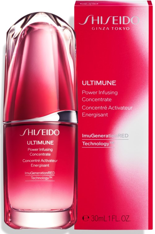 En rosa och röd flaska med ett glänsande lock, bredvid en matchande rosa förpackning. Etiketten säger Shiseido Ultimune.