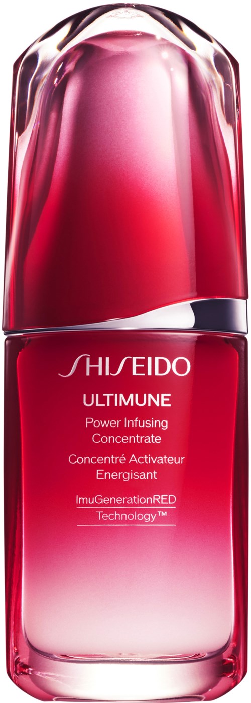 A red skincare serum bottle with a shiny, reflective pink cap, labeled "Shiseido Ultimune" and mentioning power infusing concentrate.