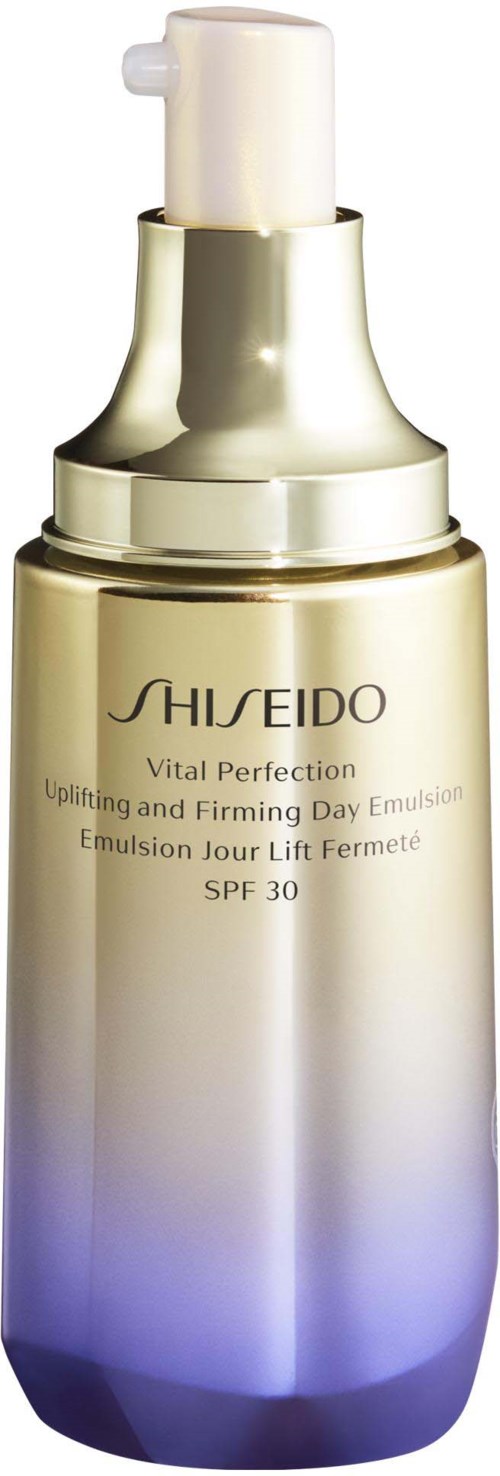 Shiseido Vital Perfection lättande dagsemulsion med SPF 30 i en guldfärgad och lila flaska.
