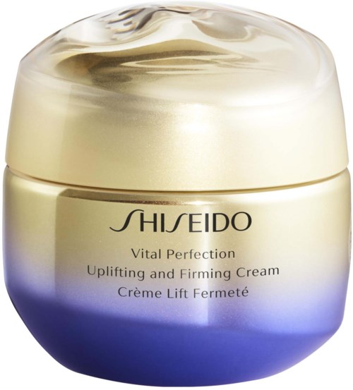 En krukke med hudkrems, gull og lilla farger, merket Shiseido Vital Perfection, Uplifting and Firming Cream.