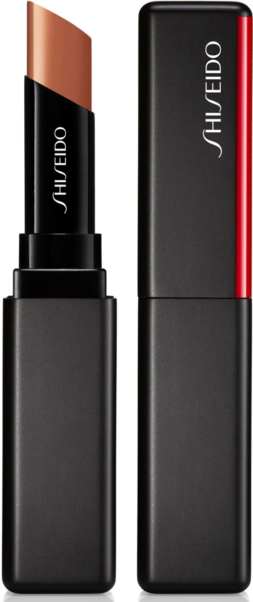 En svart läppstiftstift visar läppstiftet delvis utsträckt, med varumärket Shiseido synligt. Ägget ligger bredvid.
