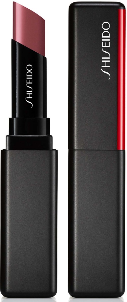 En läppstift med ett läppstiftshölje och en förpackning, båda svarta med röda accenter och vitt varumärkesnamn, Shiseido.