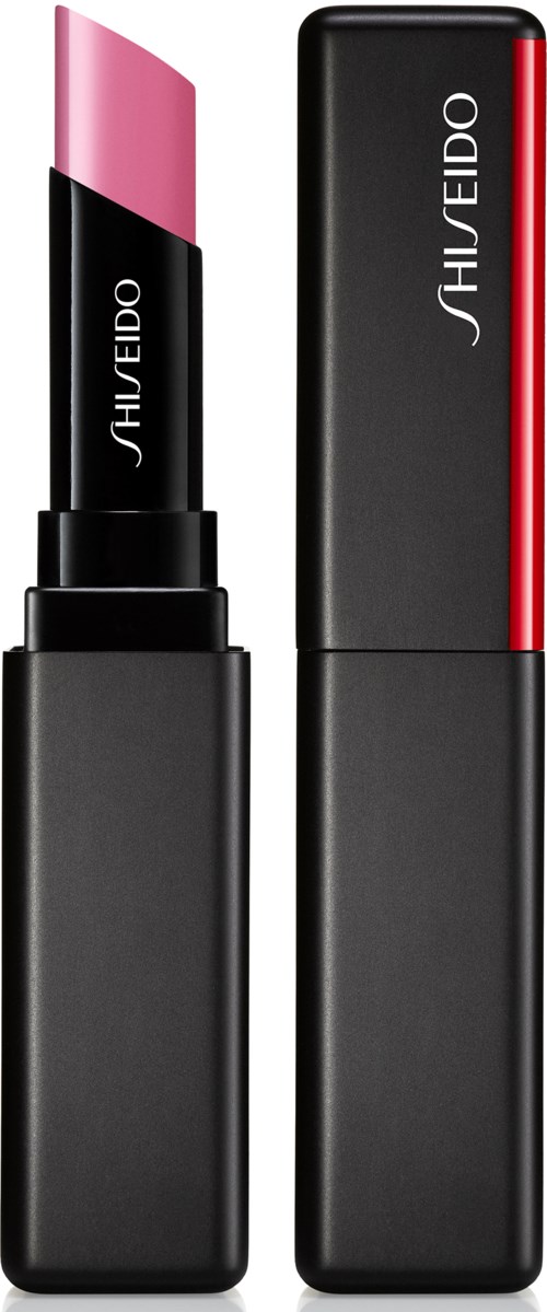 Ett läppstift i svart hölje med ett rosa tips och ett matchande svart yttre skal med en röd rand.