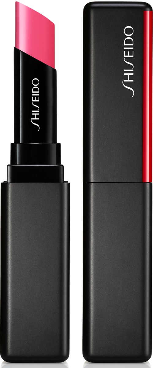 Ett svart läppstiftetui med rosa läppstift och märket Shiseido på båda. Skyddet är borttaget, visar läppstiftet.