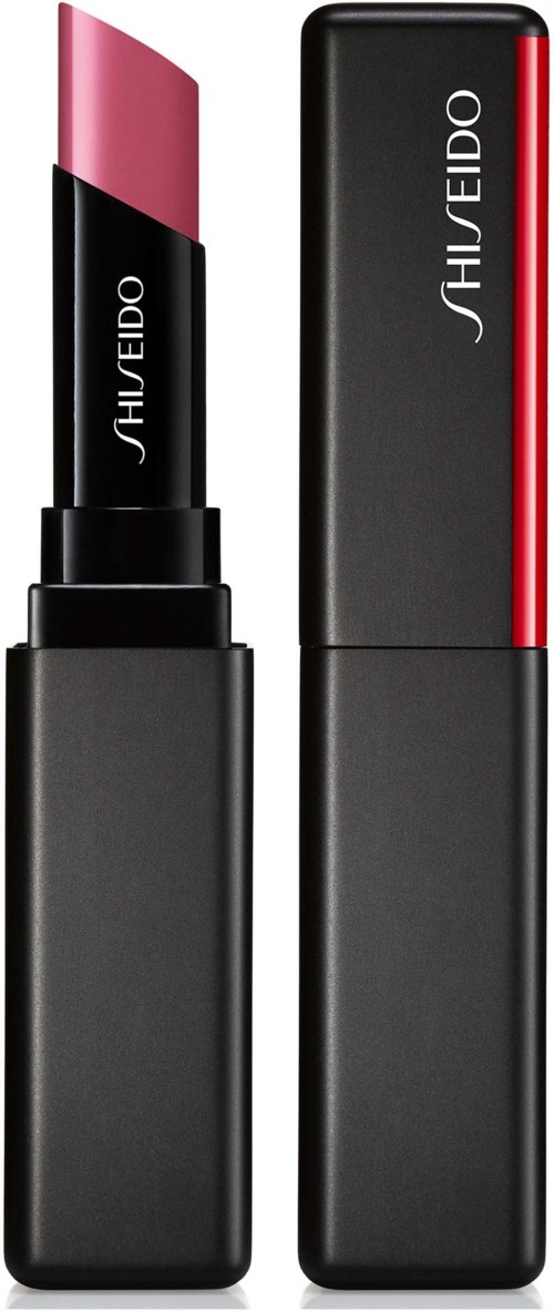 En svart läppstiftshylsa med rosa läppstift inuti och ett matchande svart fodral med röd rand.