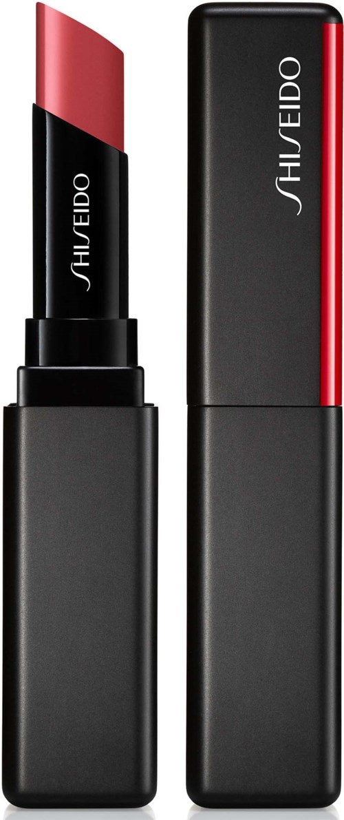 Ett svart läppstift med rosa färg och ett matchande svart läppstiftfodral med röda detaljer, båda märkta 'SHISEIDO'.