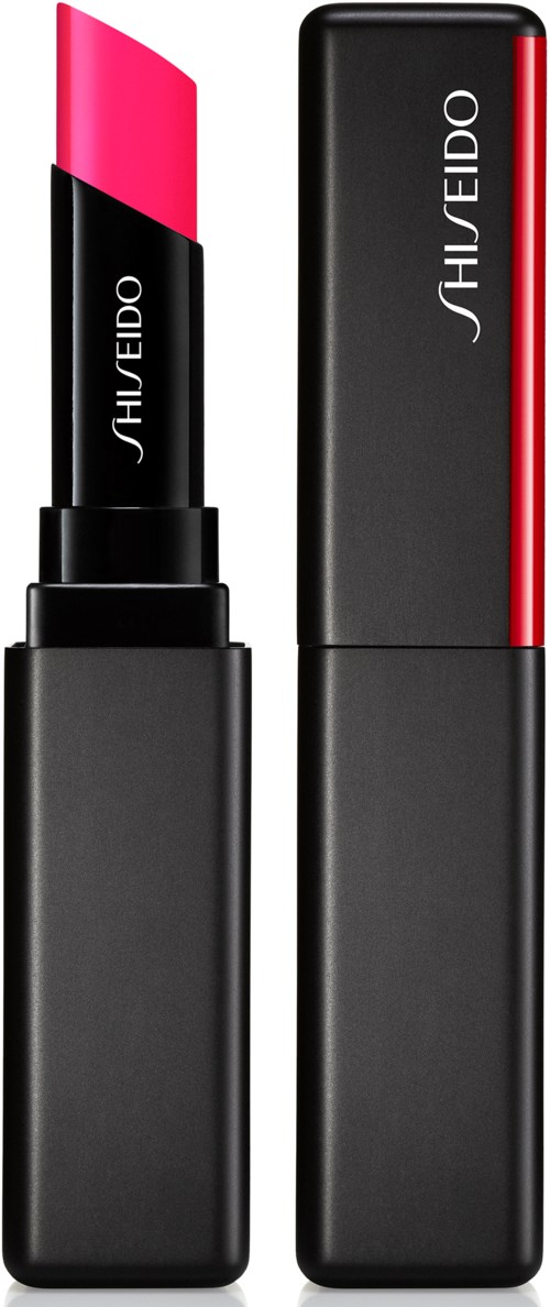 A läppstift med rosa färg i ett svart fodral, med märket Shiseido skrivet på det.