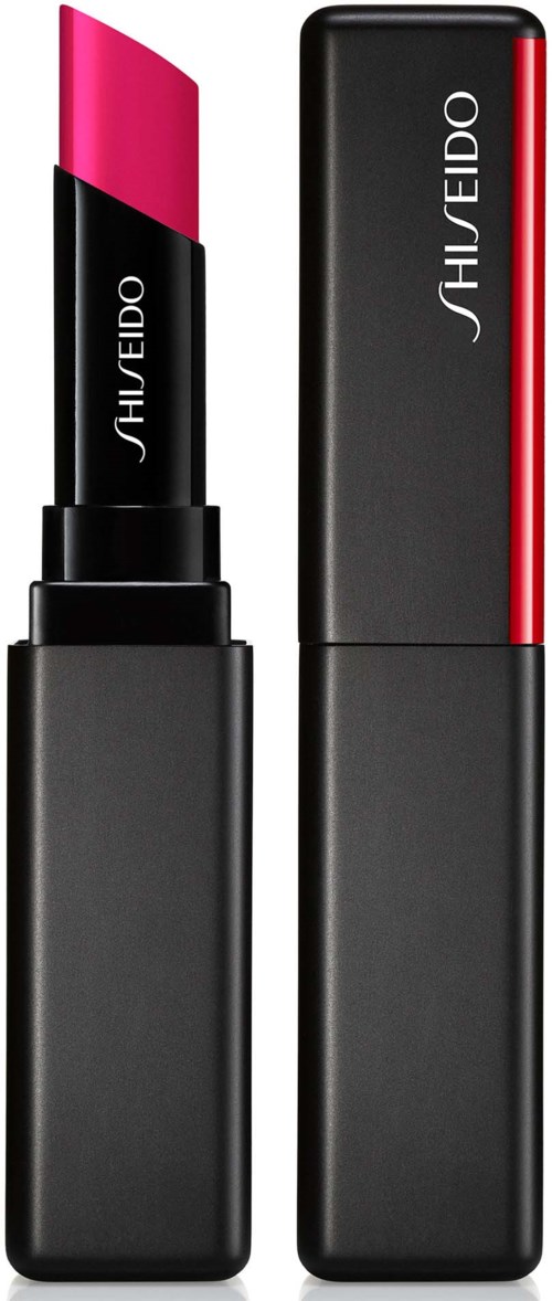 Ett rosa läppstift i ett svart fodral med märket Shiseido synligt.