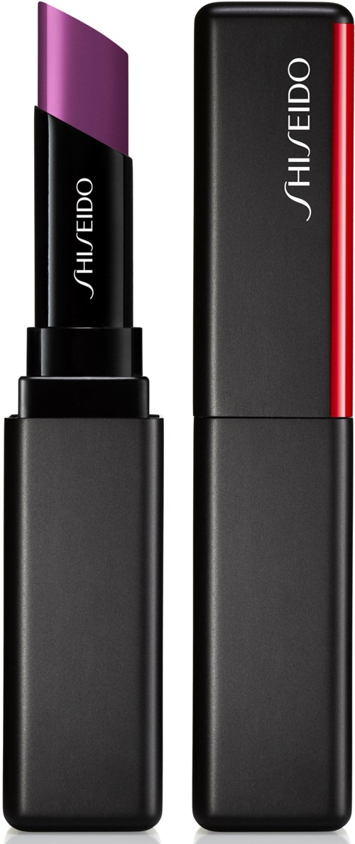Ett läppstift med lila färg och ett annat fodral med varumärket Shiseido. Läppstiftet är delvis öppet och visar färg.