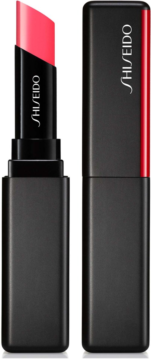 Ett läppstift med svart hölje och röd och rosa nyans, visas med locket av. Märket Shiseido är synligt.