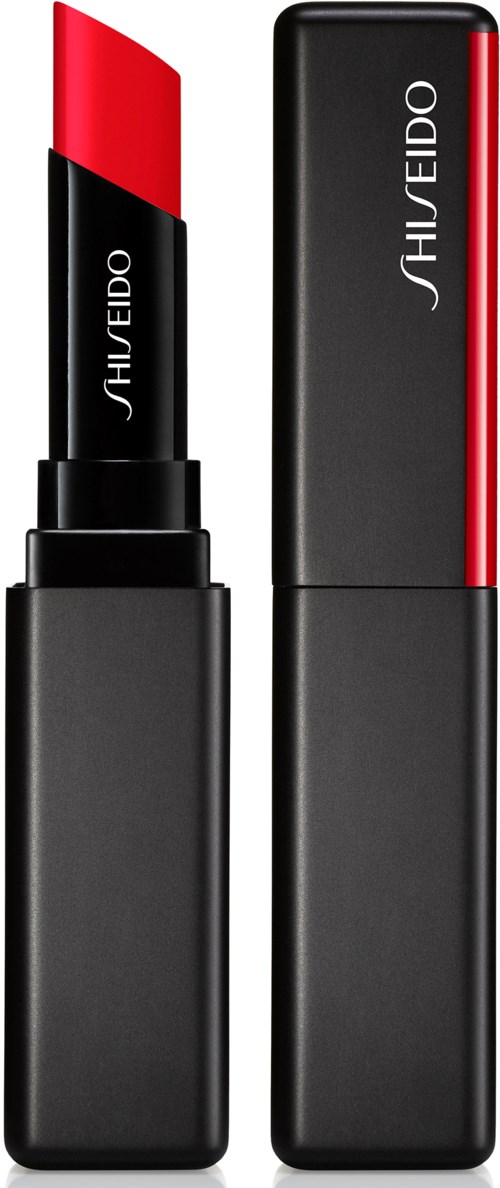 En röd läppstift i ett svart fodral med märket Shiseido skrivet på det.