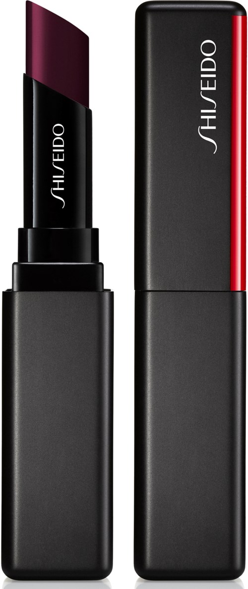 A läppstift med svart fodral, röd rand och namnet "Shiseido" på, visas utan lock.