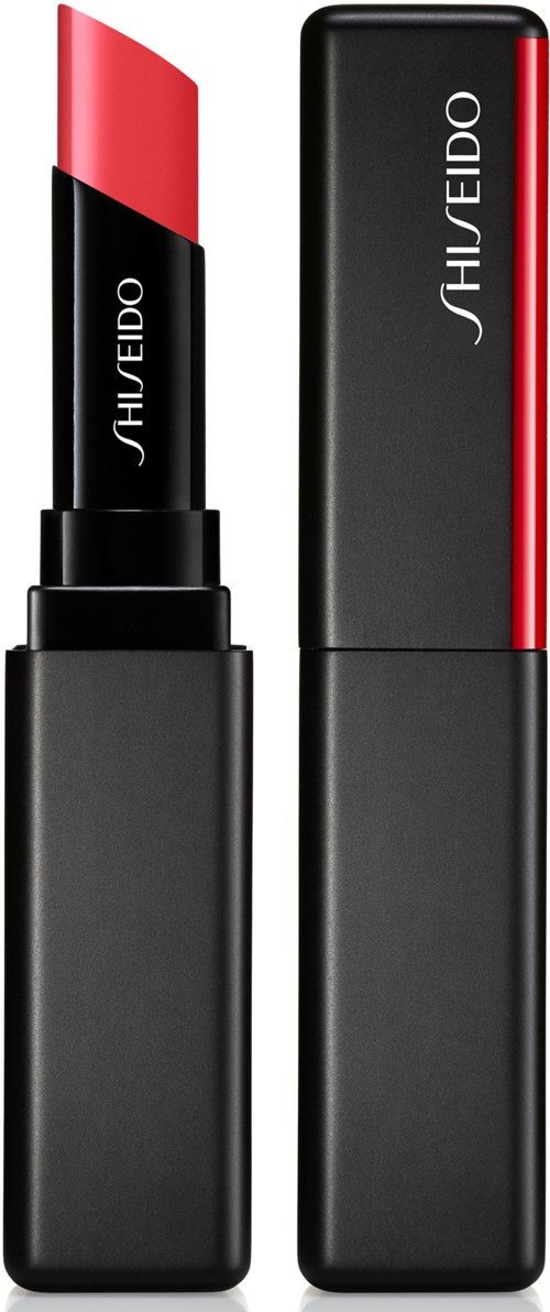 Ett rött läppstift i ett svart fodral med märket Shiseido skrivet vertikalt.