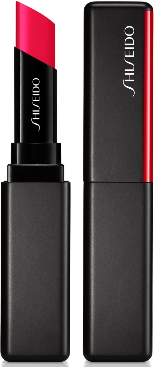 Ett svart läppstift med röd färg och ett matchande svart fodral med röd rand och Shiseido-logga.