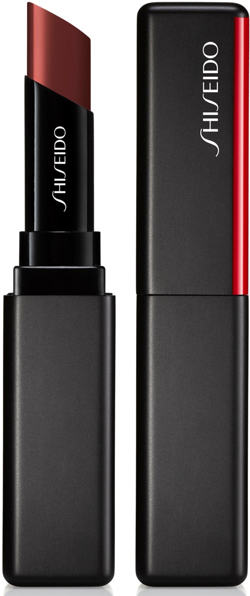 En svart läppstiftspenna med varumärket Shiseido, en öppen som visar ett brunt läppstift, den andra stängd.