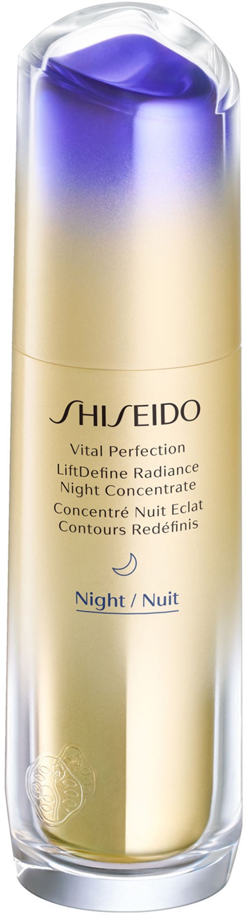 En guldfärgad flaska med lila gel på toppen, märkt Shiseido Vital Perfection Night concentrate för huden.