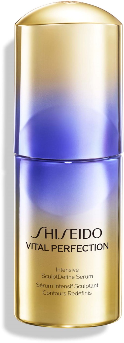 Shiseido Vital Perfection serumflaske med gull- og lilla gradientdesign.