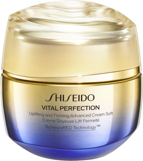 Kulta- ja sininen Shiseido Vital Perfection -purkki, jossa kultainen kansi.