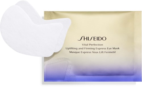 En hvid øjenmaske ved siden af en æske med Shiseido øjenmasker, mærket som en opstrammende og løftende øjenmaske.