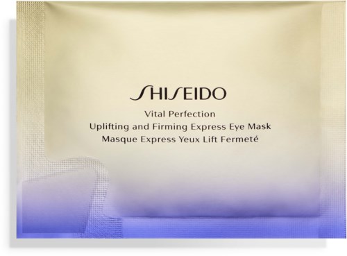 En cremefarvet pakke til Shiseido øjenmaske med tekst, der angiver, at den hjælper med at løfte og stramme huden omkring øjnene.