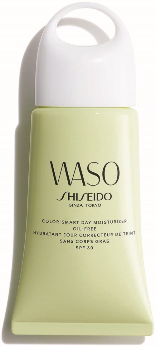 Eine hellgrüne Flasche mit weißem Deckel, gekennzeichnet mit WASO von SHISEIDO, Feuchtigkeitscreme mit SPF 30.