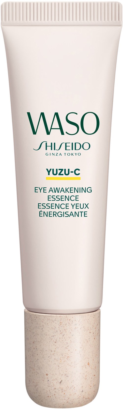 Eine weiße Tube mit WASO Shiseido-Augencreme mit grüner und blauer Schrift, genannt Yuzu-C Eye Awakening Essence.