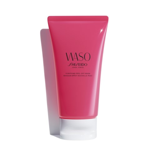 Pink tube of WKB WAKO SHISEIDO Purifying Peel Off Mask stands upright, with white cap at the bottom, against white background.