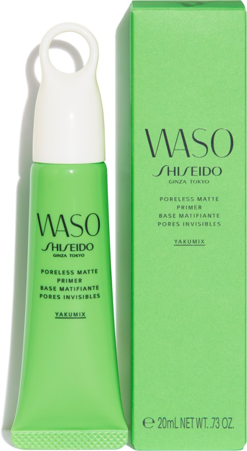 En grön flaska med Shiseido Waso poreless matte primer, vit lock och matchande grön låda.