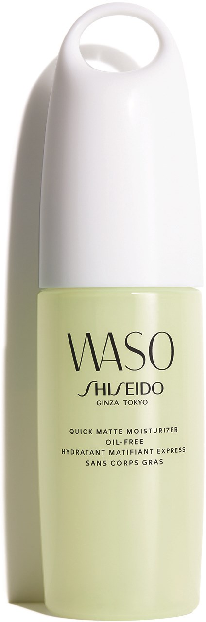 A light green bottle of WASO Shiseido quick matte moisturizer with a white cap.