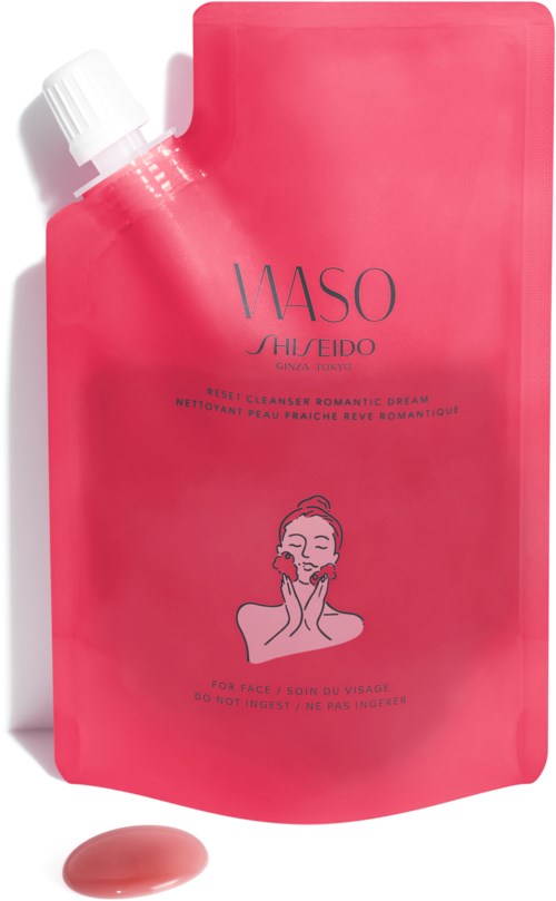 En rosa påfyllnadsförpackning med vit tratt och ett litet prov av rosa lotion. Den har illustrationer och produktinformation.