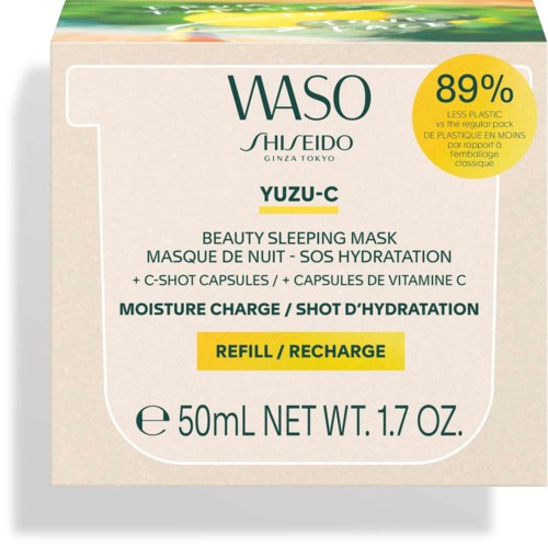 Box of Shiseido WASO Yuzu-C night mask with 50ml size, promotes hydration, includes Vitamin C, and has a refill option.