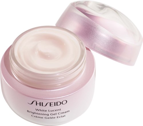 Pink kruka med vit lock, märkt "Shiseido White Lucent Brightening Gel Cream."